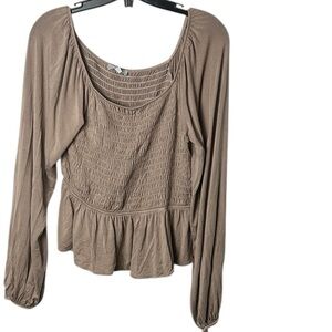 Cottagecore top,light brown,SM, scoop,peasant,boho,fitted,fairy,smocked,feminine